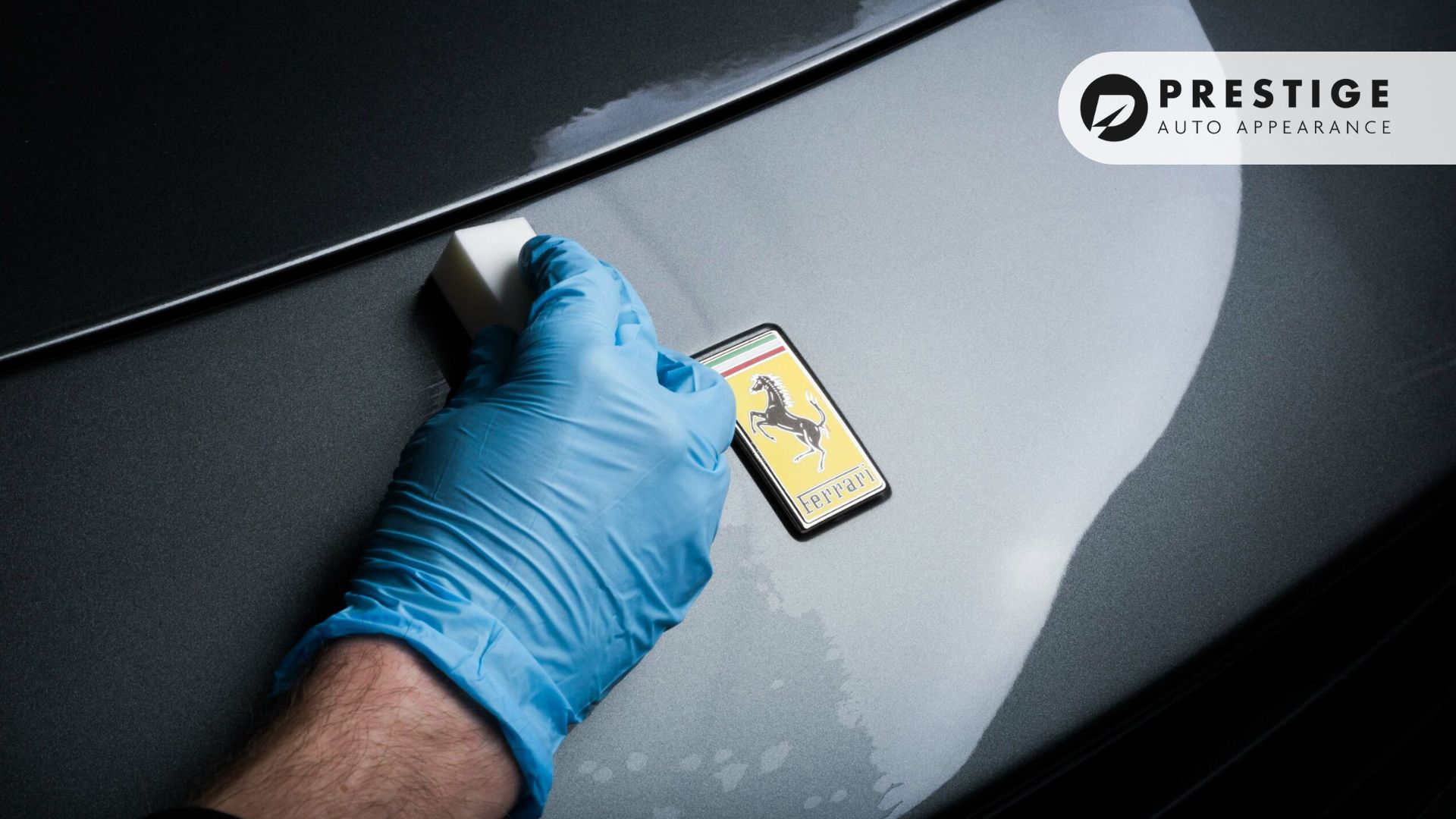 A person wearing a blue glove applies ceramic coating to a Ferrari hood with a white foam applicator, next to a yellow Ferrari badge.