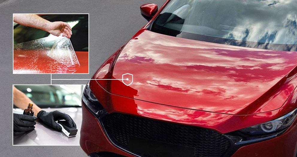 A glossy red car hood reflects a cloudy sky, with two inset images showing paint protection film being applied and ceramic coating being used, alongside the Prestige Auto Appearance logo.