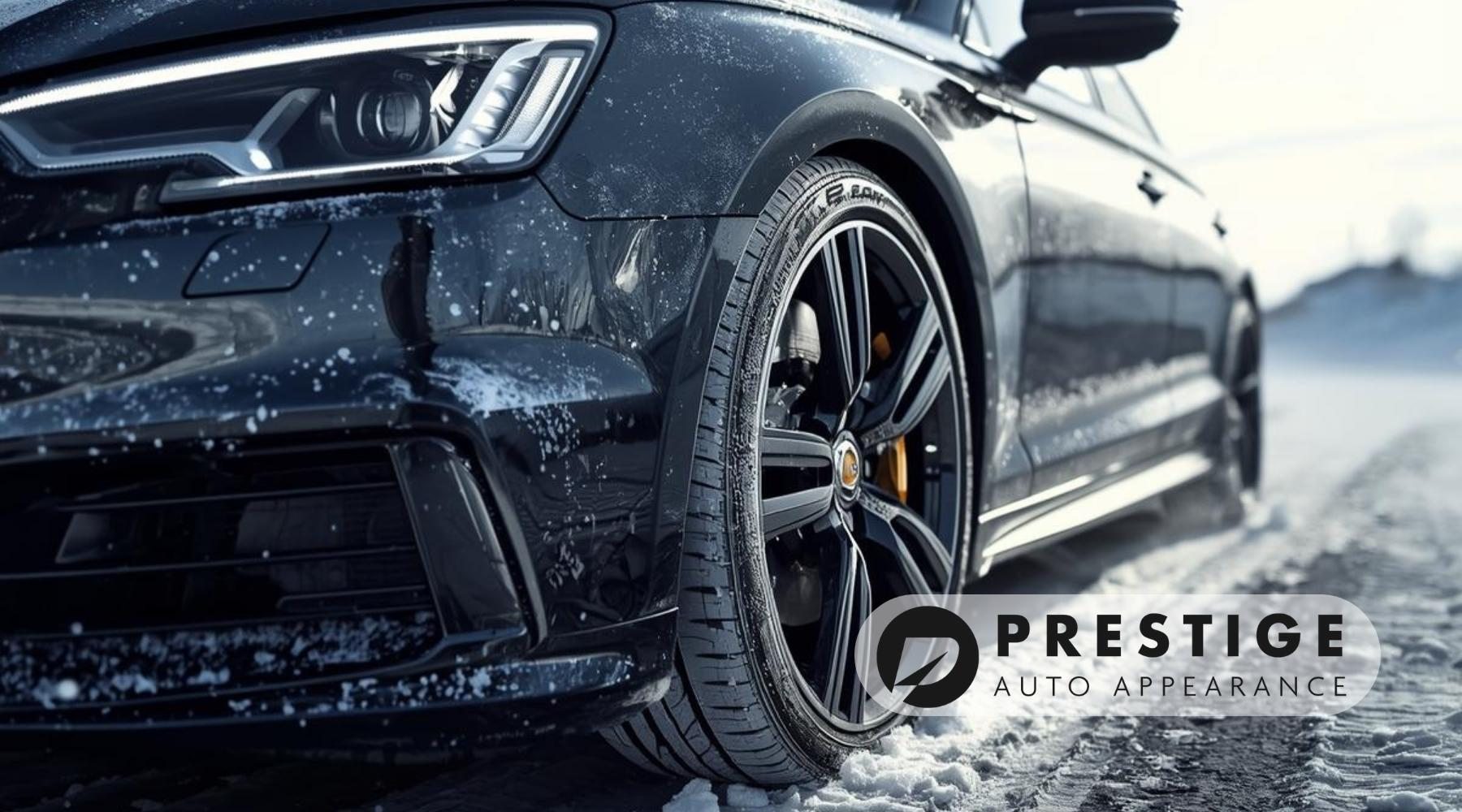 Close-up of a black luxury car with snow and road salt on the body and tires during winter in Pennsylvania.