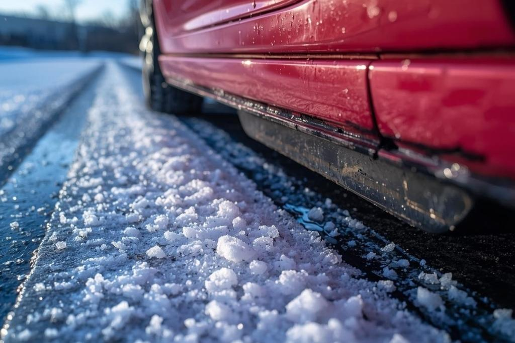 Close-up of road salt and slush buildup near the lower side of a red car in winter.