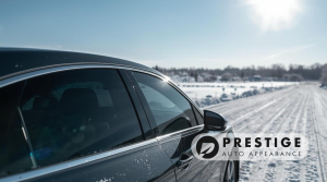 Car with ceramic window tint parked on a snowy Pennsylvania road under bright winter sun