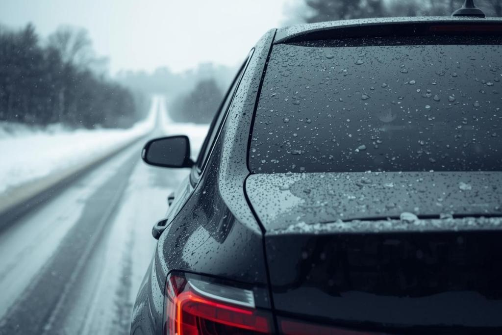 Rear view of a ceramic tinted SUV on a wet snowy road in winter
