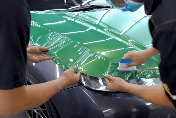 Technicians applying a green vinyl wrap to the hood of a dark-colored vehicle at Prestige Auto Appearance.
