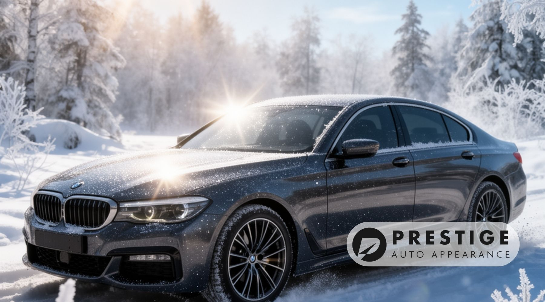 Dark gray luxury sedan parked in a snowy winter landscape with sunlight reflecting off the hood, featuring Prestige Auto Appearance branding.
