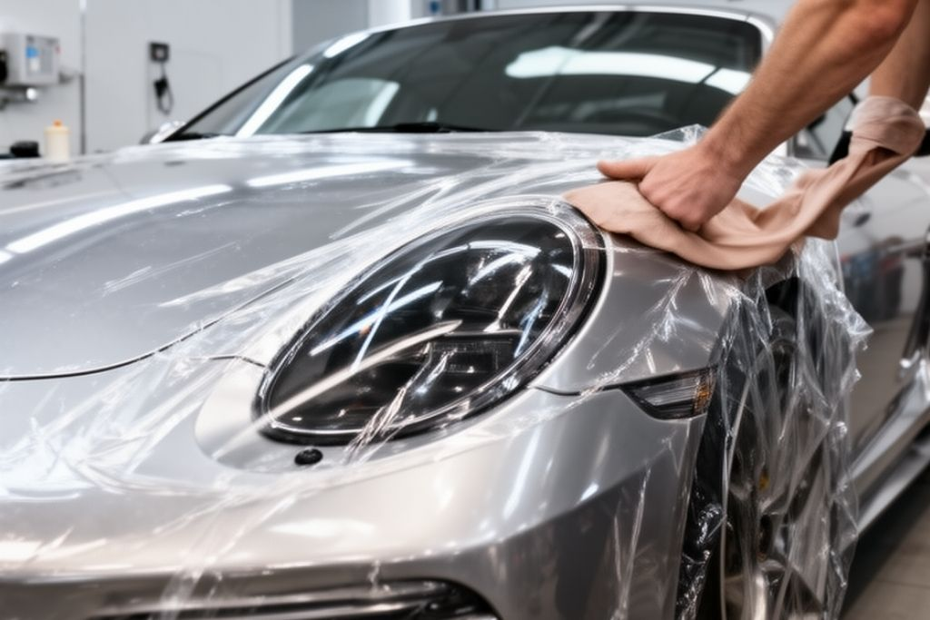 Technician installing clear paint protection film on a luxury sports car hood and headlight for rock chip protection.