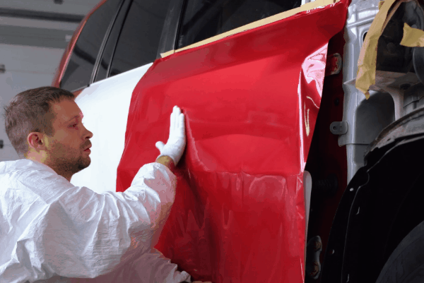 Technician in protective suit applying red vinyl wrap to the side panel of a car during installation.