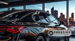 Black luxury sedan with tinted windows inside a showroom featuring the Prestige Auto Appearance logo.