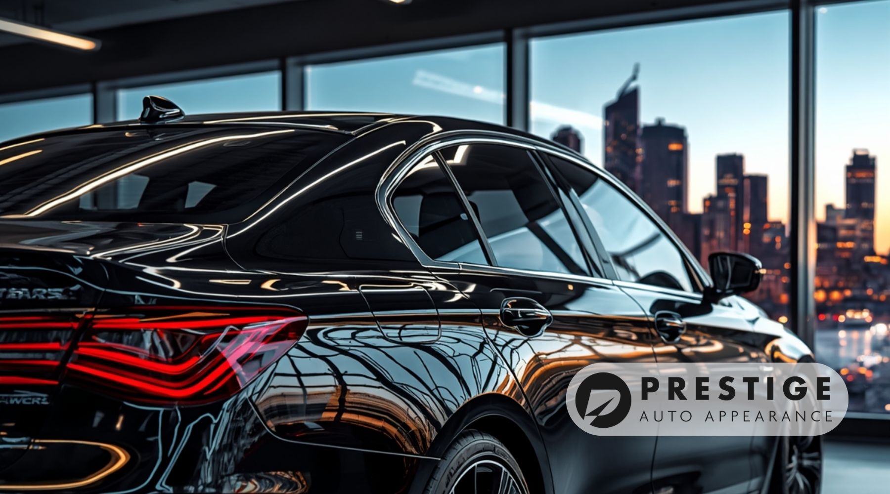 Black luxury sedan with tinted windows inside a showroom featuring the Prestige Auto Appearance logo.
