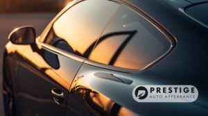 Tinted luxury car window reflecting sunset with Prestige Auto Appearance logo