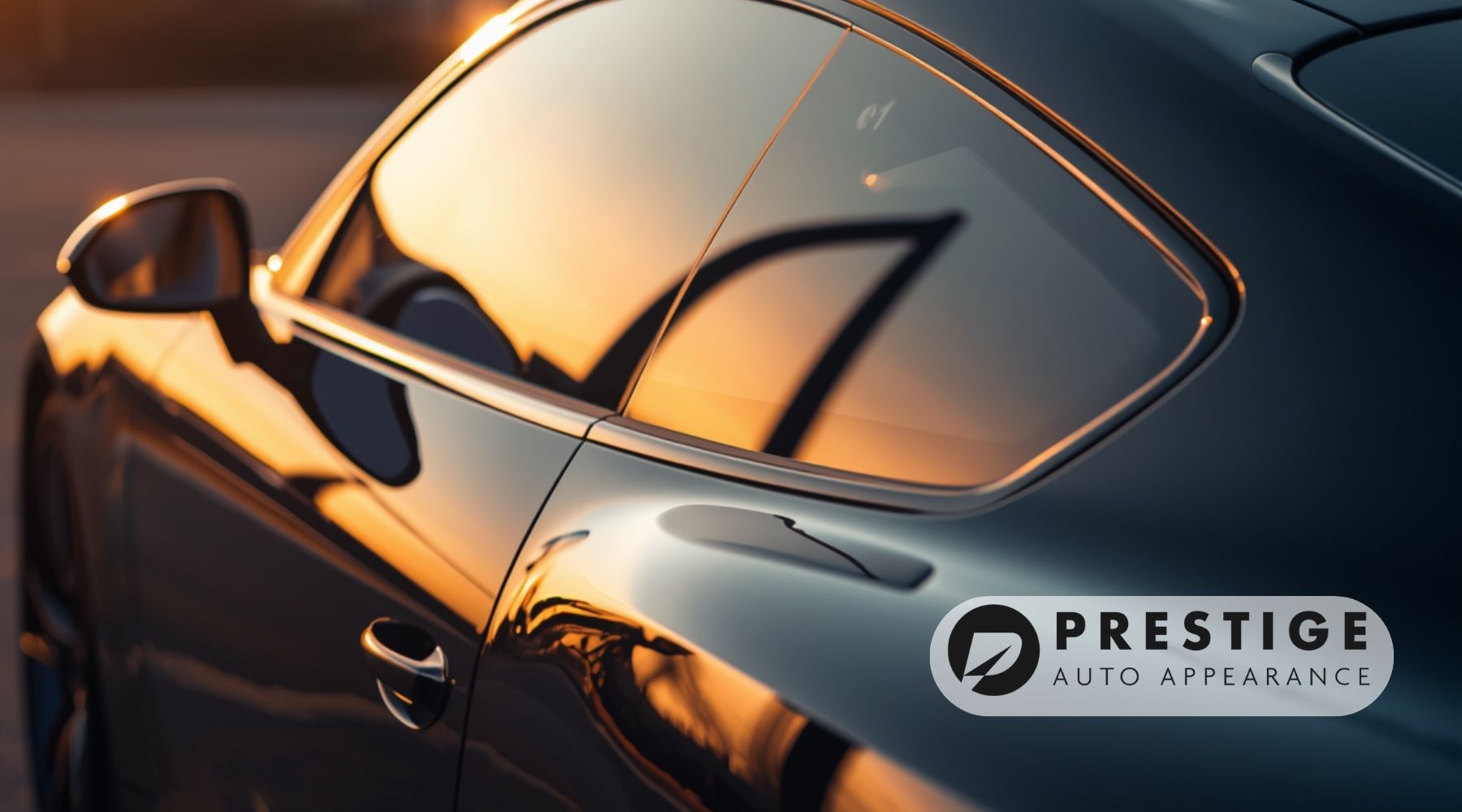 Tinted luxury car window reflecting sunset with Prestige Auto Appearance logo