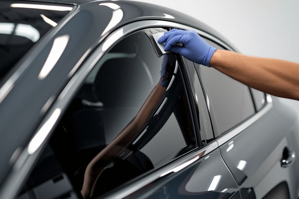 Technician applying window tint film to a car window