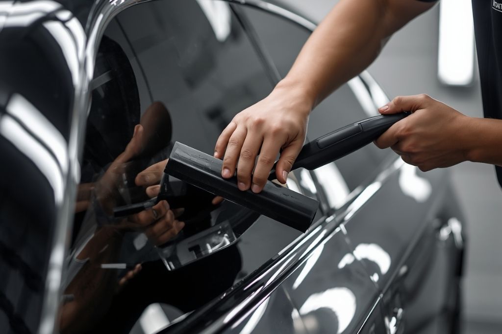 Technician applying window tint film to a vehicle window during professional installation.