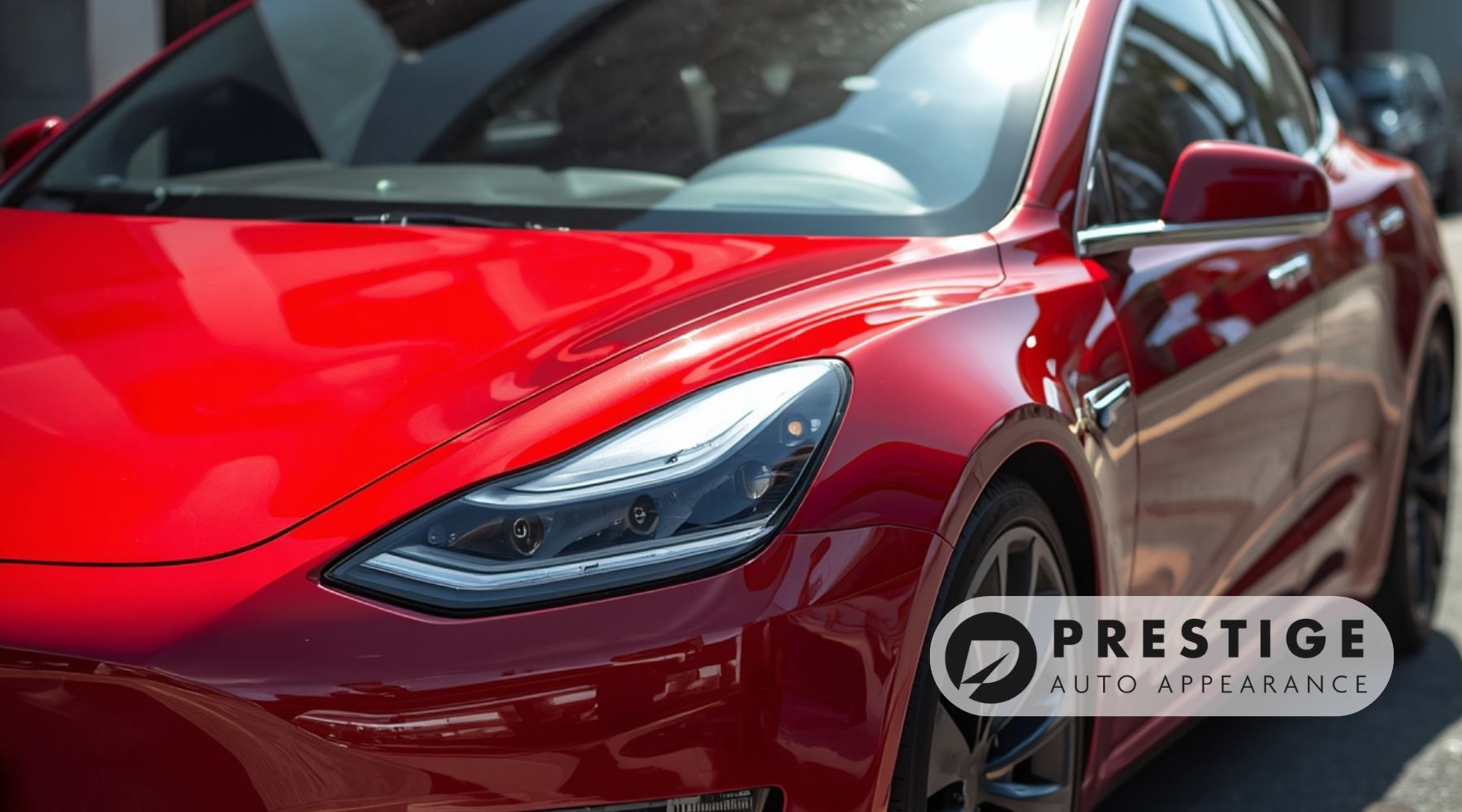 Red Tesla with glossy paint finish and Prestige Auto Appearance logo, highlighting professional paint protection film services.