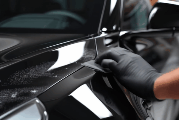 Technician applying paint protection film to a black vehicle door with a gloved hand.