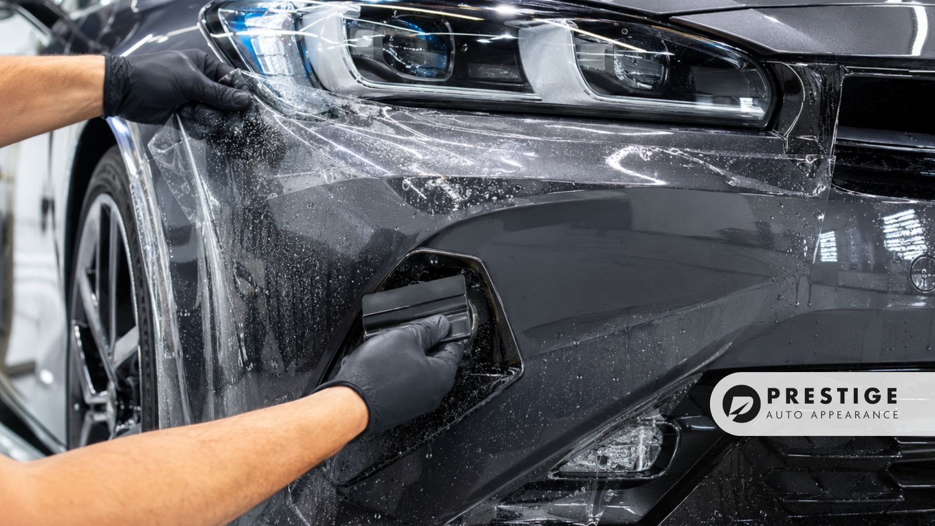 A technician smooths paint protection film across a gray front bumper below the headlight.