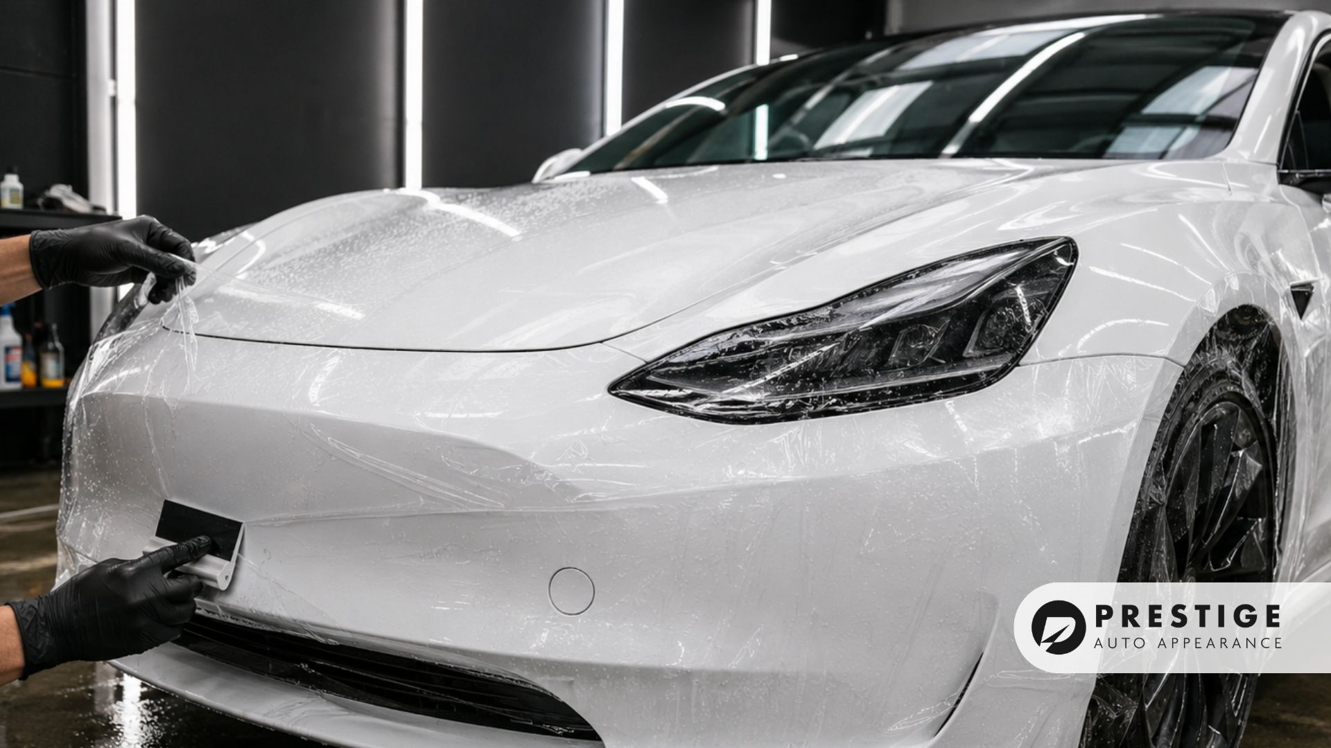 Technician applies paint protection film to the front bumper and headlight area of a white car.