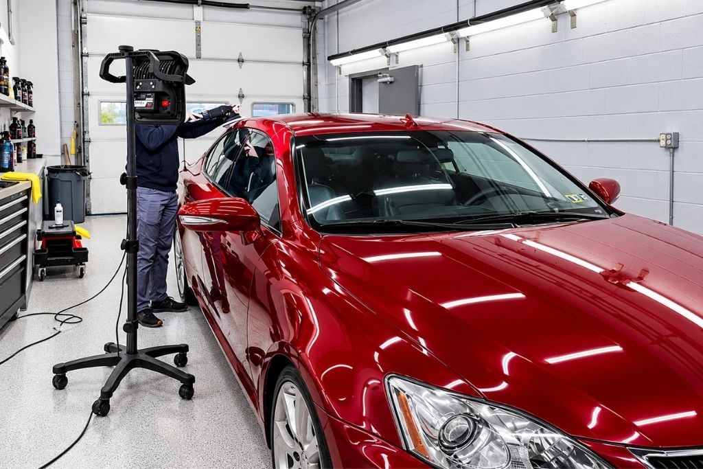 Professional auto detailing technician working on the roof of a glossy red sedan inside a well-lit detailing studio.