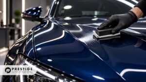 Detailer wearing a black glove spreads ceramic coating across the glossy blue hood of a car with a rectangular applicator pad.
