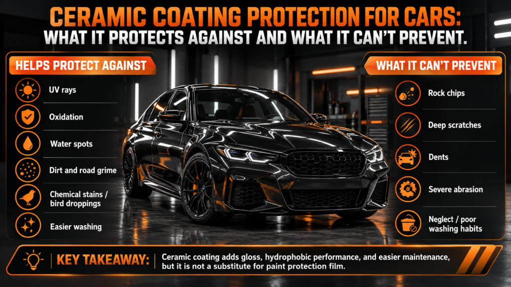 Infographic showing a black car and explaining the benefits and limitations of ceramic coating.